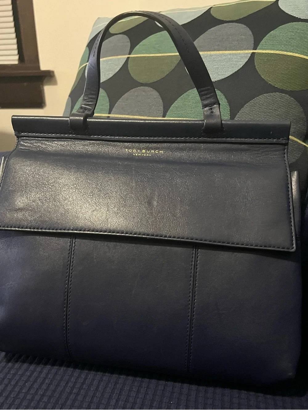 Tory Burch Navy Leather Structured Top-Handle Purse.